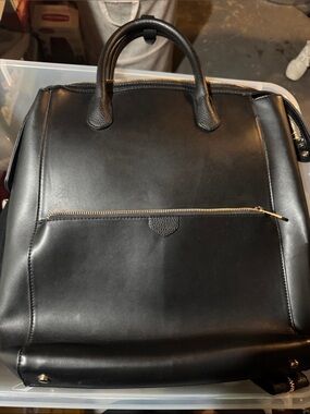 a new day Black Leather Backpack with Gold Zipper Accent